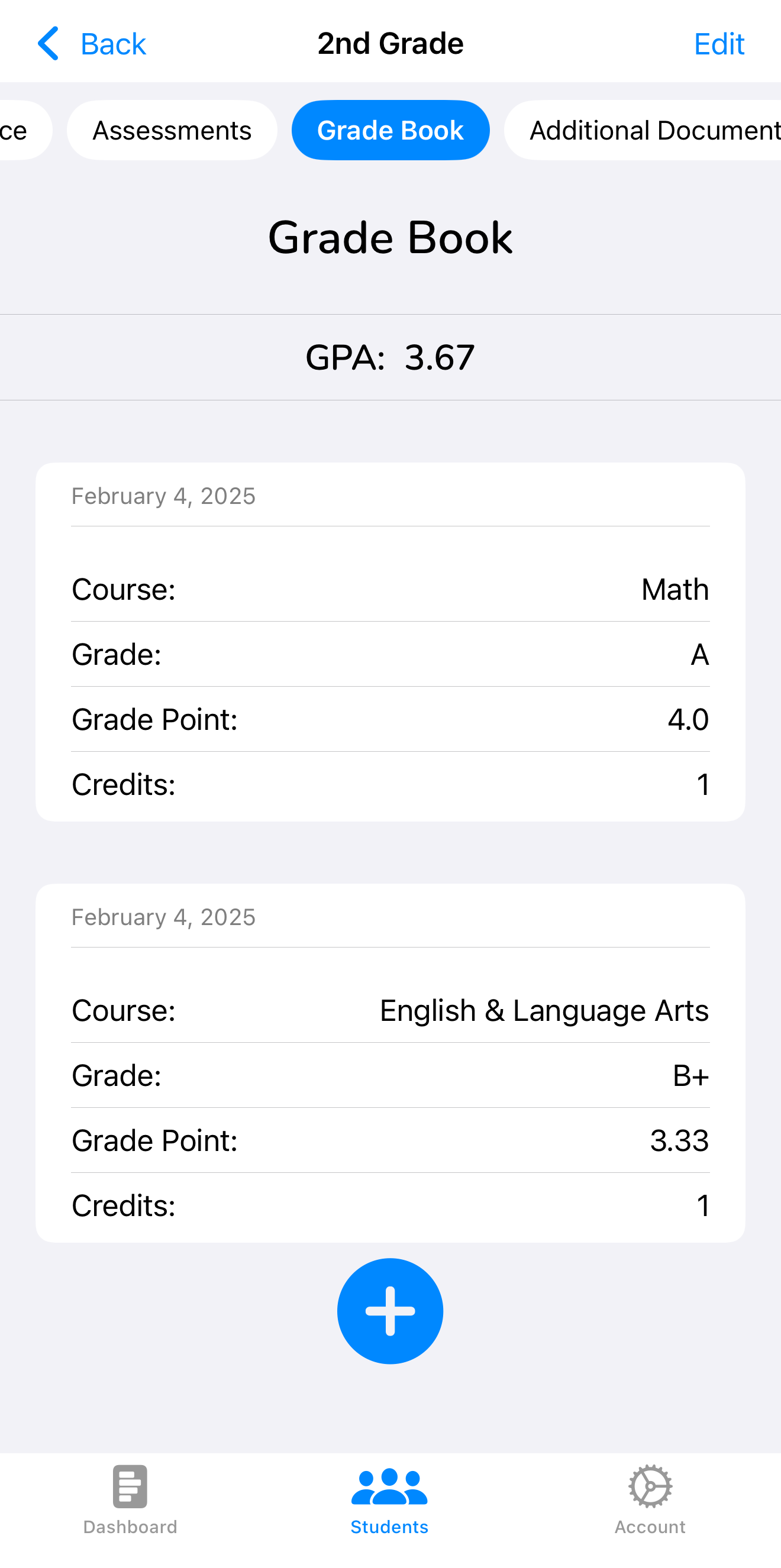 Grade book with GPA calculation